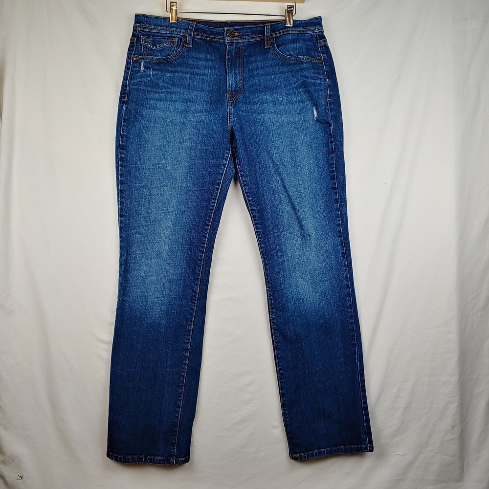 Levis Jeans Womens 14M (35x30.5) Blue Straight Leg Distressed Embroidered Denim